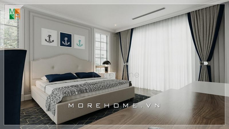 Phòng ngủ được thiết kế màu trắng và tường kính thoáng đãng là lựa chọn hoàn hảo cho nhà phố, biệt thự